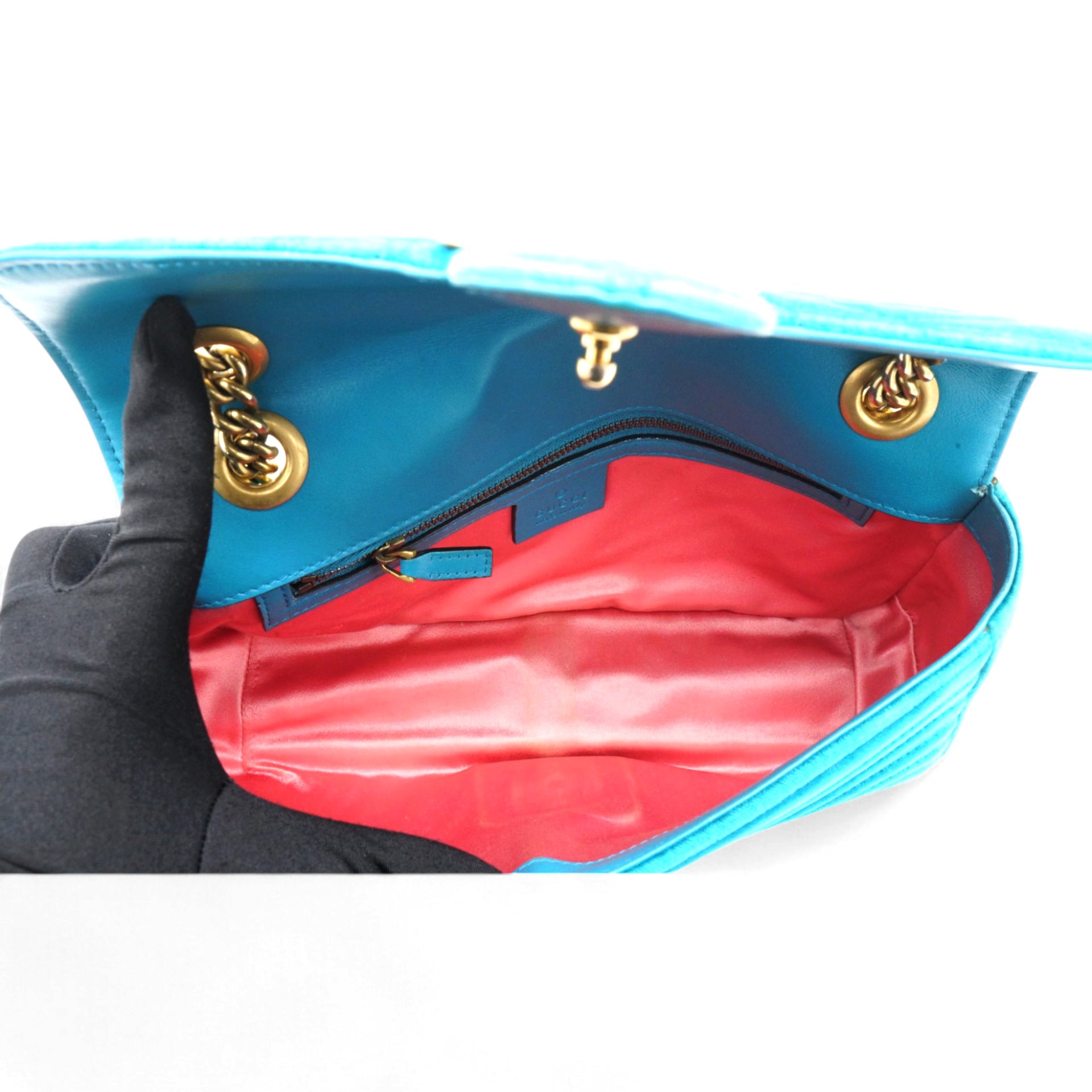 Velvet Matelasse Small GG Marmont Shoulder Bag Pavone Cyan