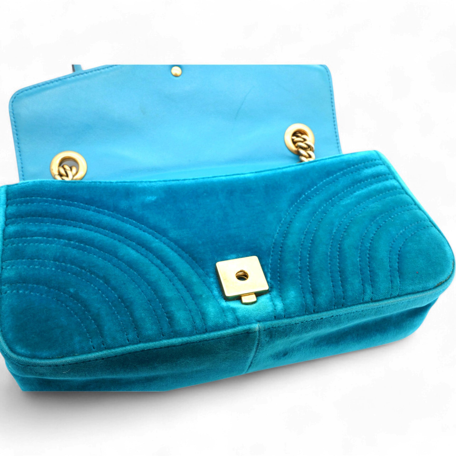 Velvet Matelasse Small GG Marmont Shoulder Bag Pavone Cyan