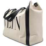 White/Black Canvas and Leather VLTN Logo Tote