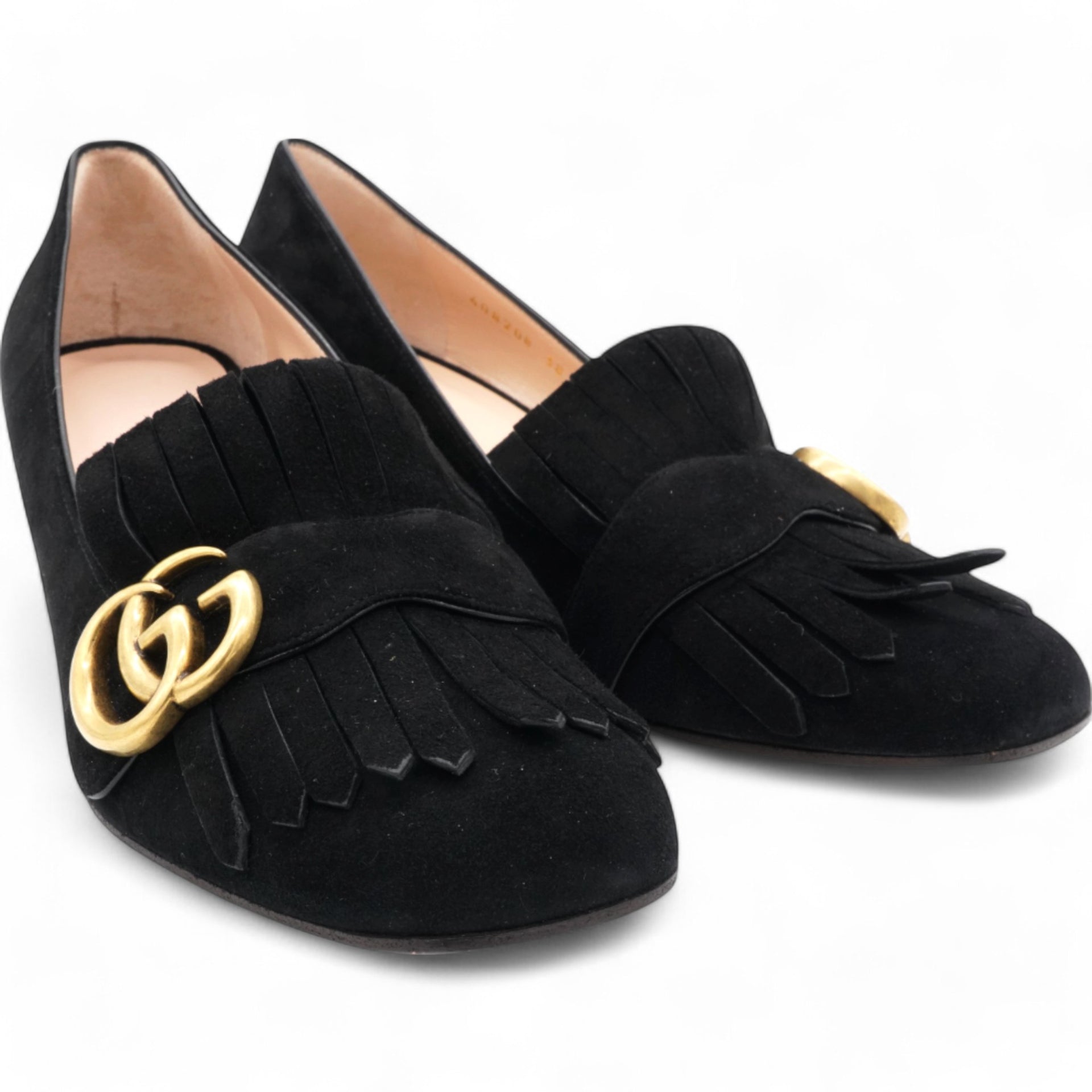 Kid Scamosciato GG Marmont Fringe 50mm Loafer Pumps Black Size38