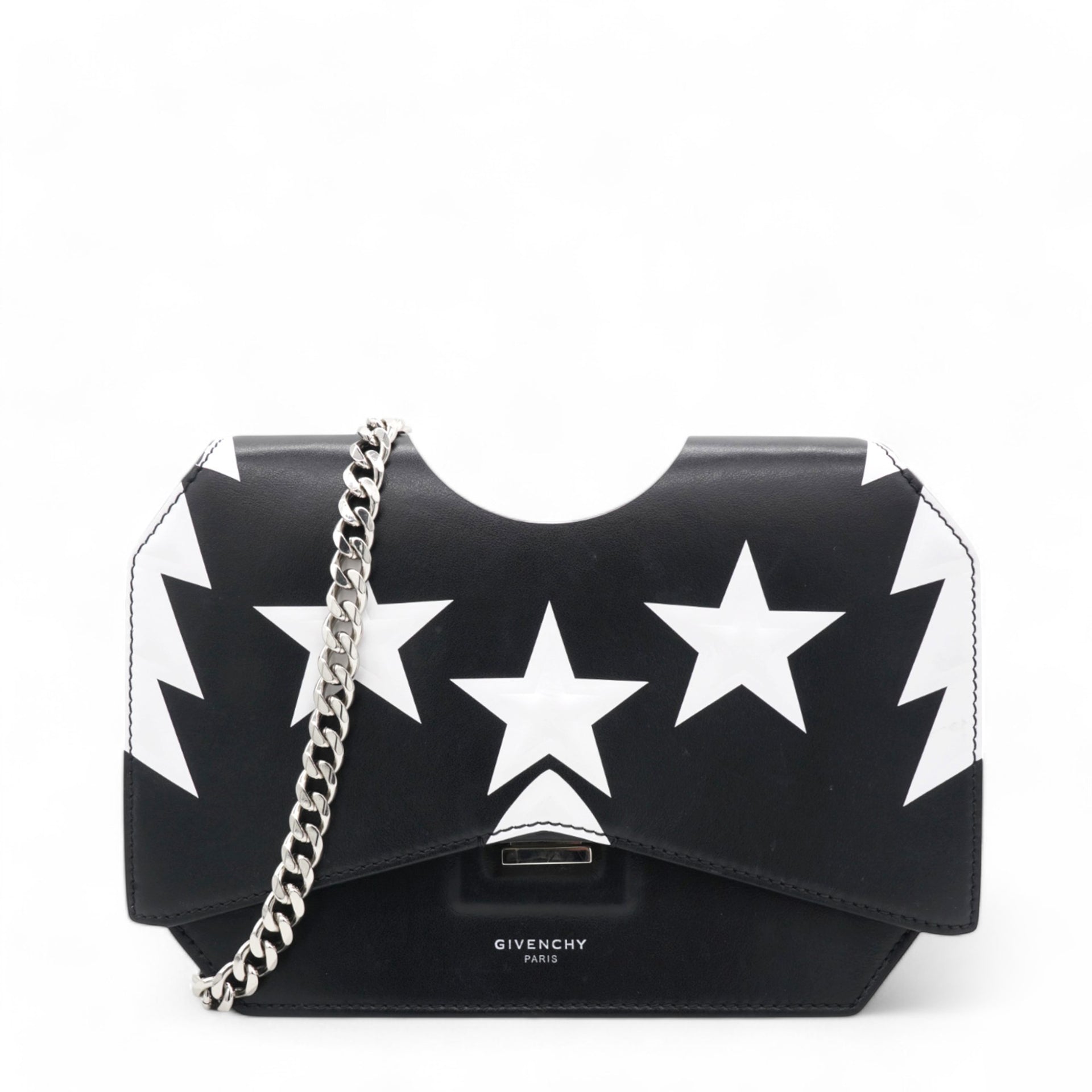 Stars Wings Print Bow Cut Black/White Crossbody Bag in Leather