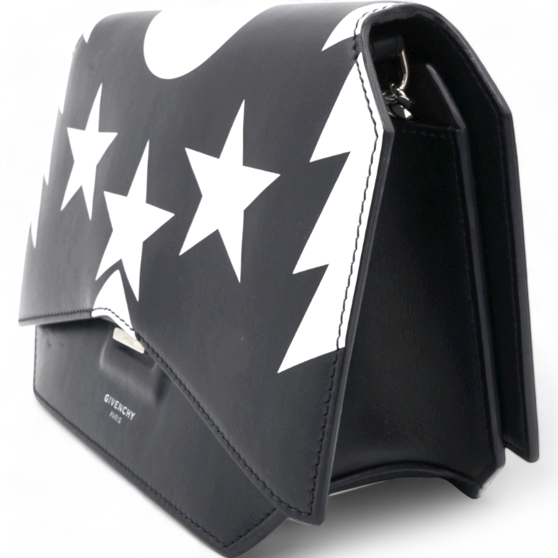 Stars Wings Print Bow Cut Black/White Crossbody Bag in Leather