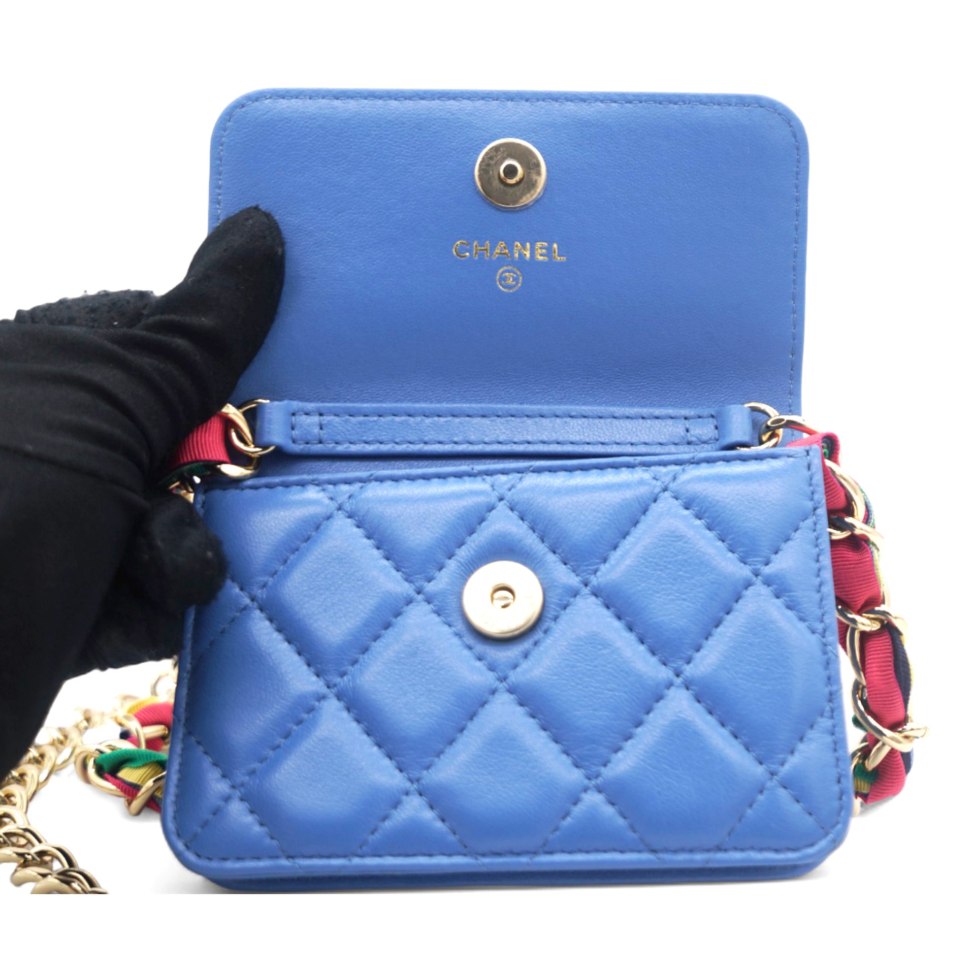 Lambskin Quilted Flap Card Holder On Chain Blue