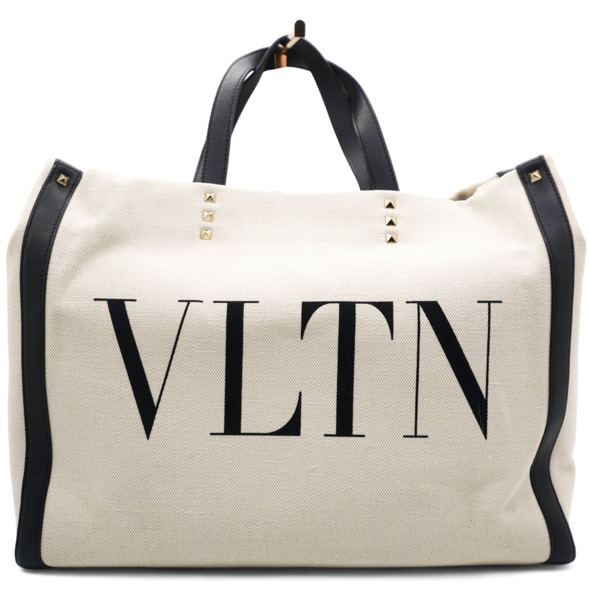White Black Canvas and Leather VLTN Logo Tote STYLISHTOP