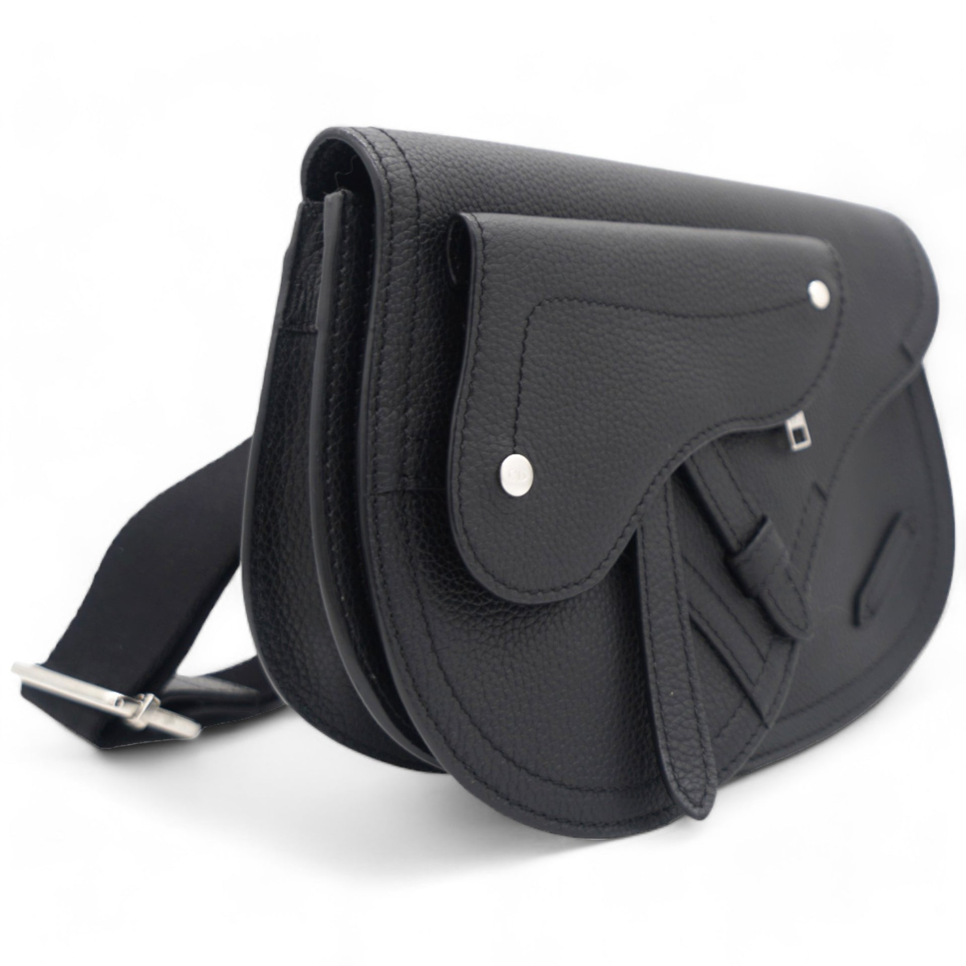 Grained Calfskin Saddle Messenger Bag Black