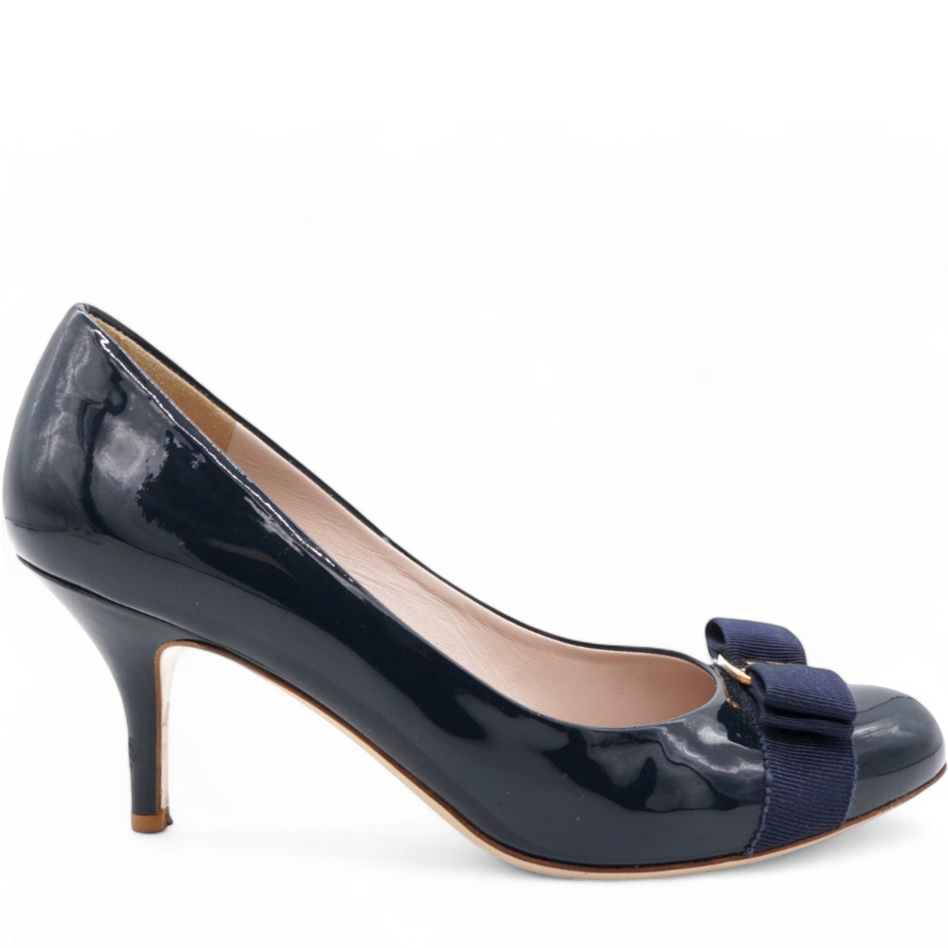 Navy Patent Leather Vara Bow Peep Toe Pumps Size9/40