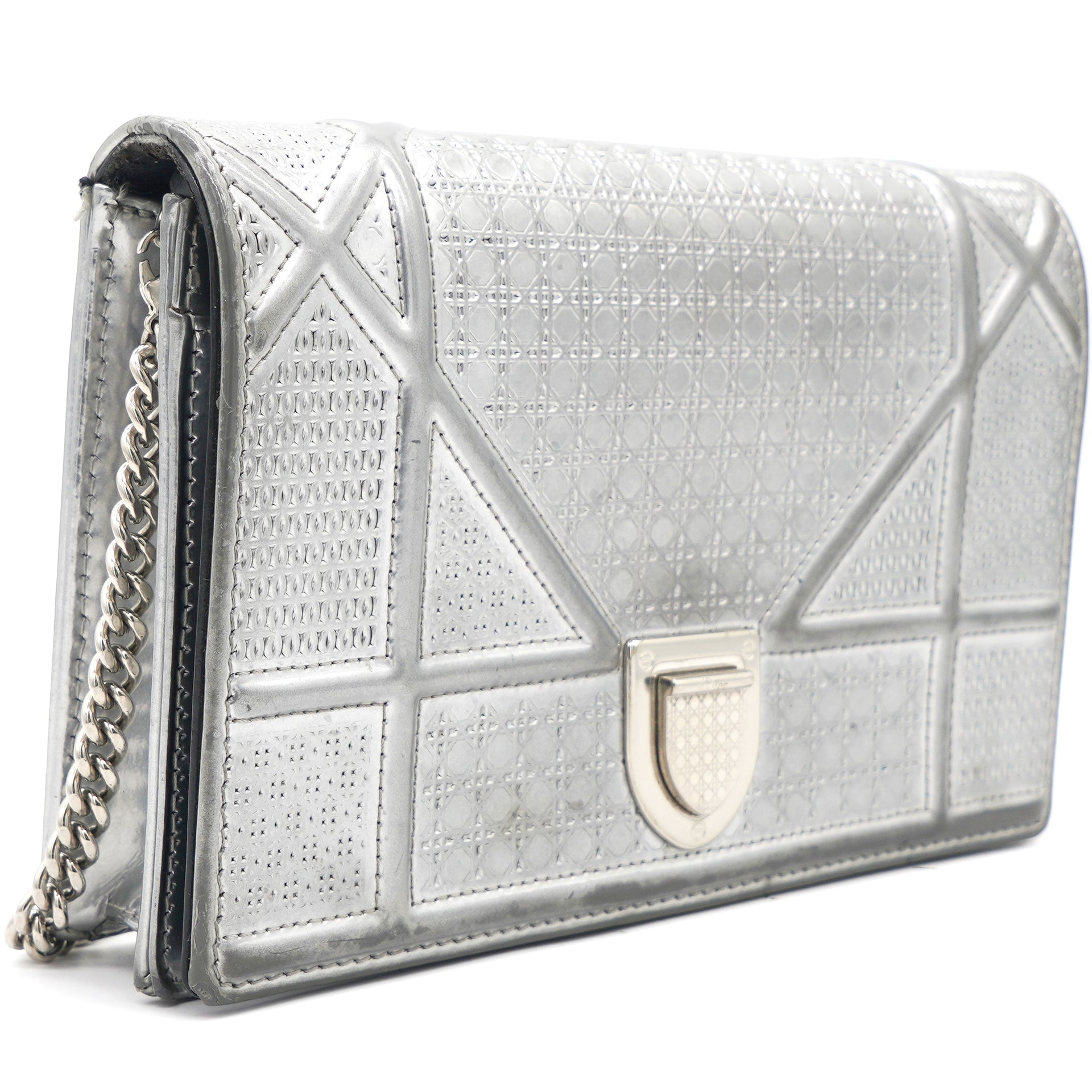 Dior Metallic Silver Micro Cannage Patent Leather Diorama Chain Shoulder Bag