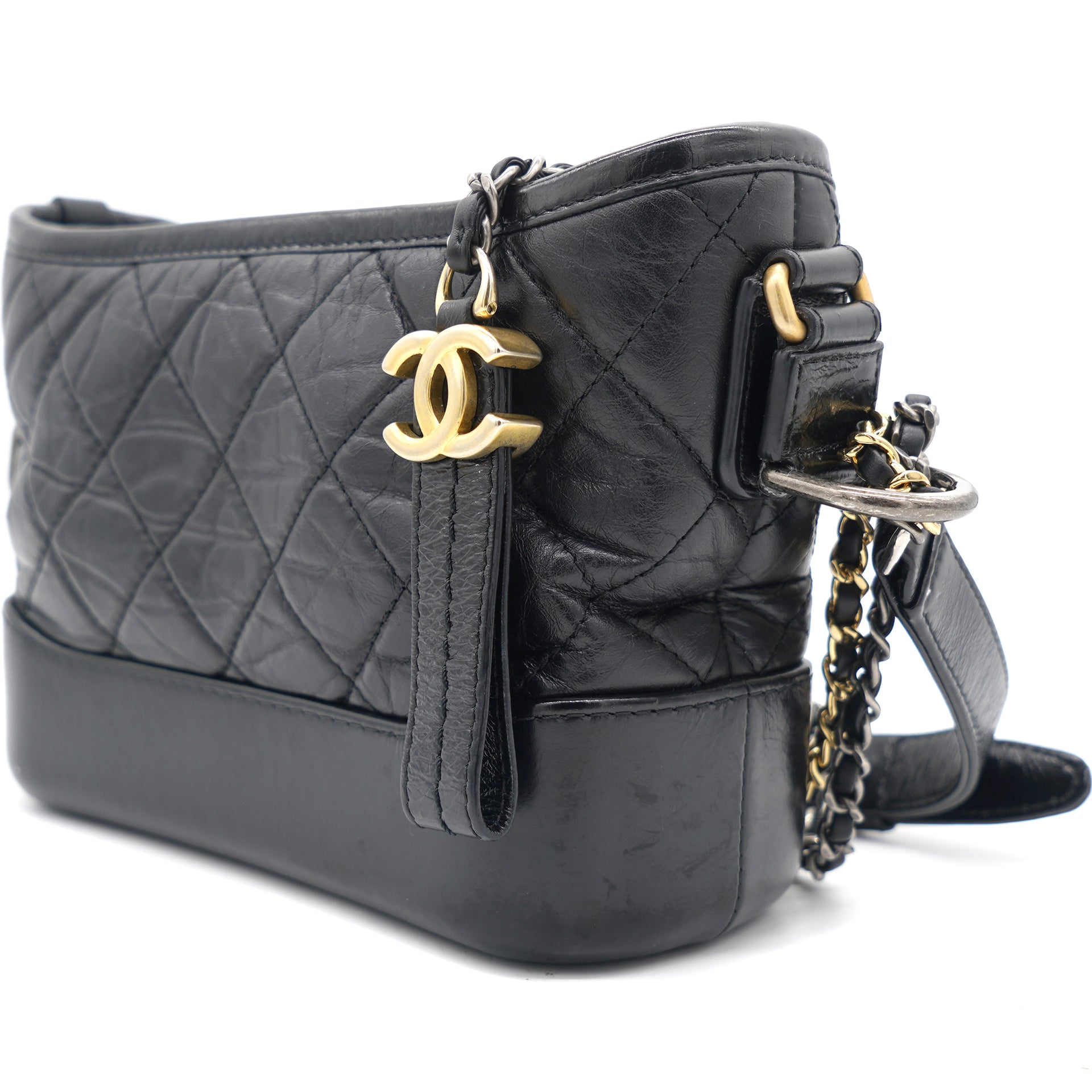 CHANEL Aged Calfskin Quilted Small Gabrielle Logo Hobo Black 1292724