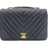 Calfskin Chevron Quilted Small Statement Flap Navy