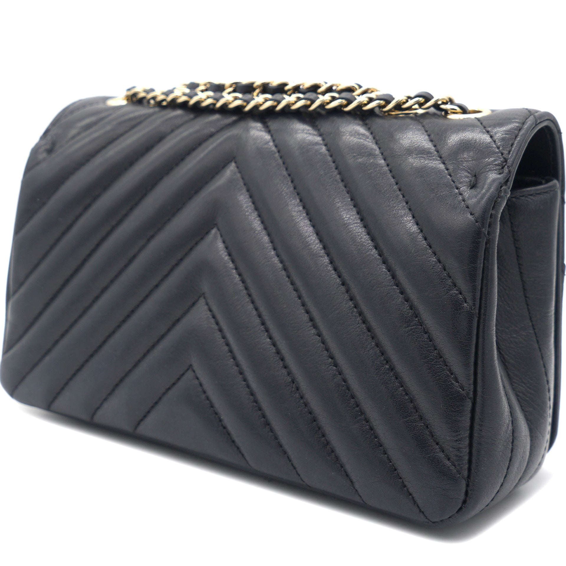 Calfskin Chevron Quilted Small Statement Flap Navy