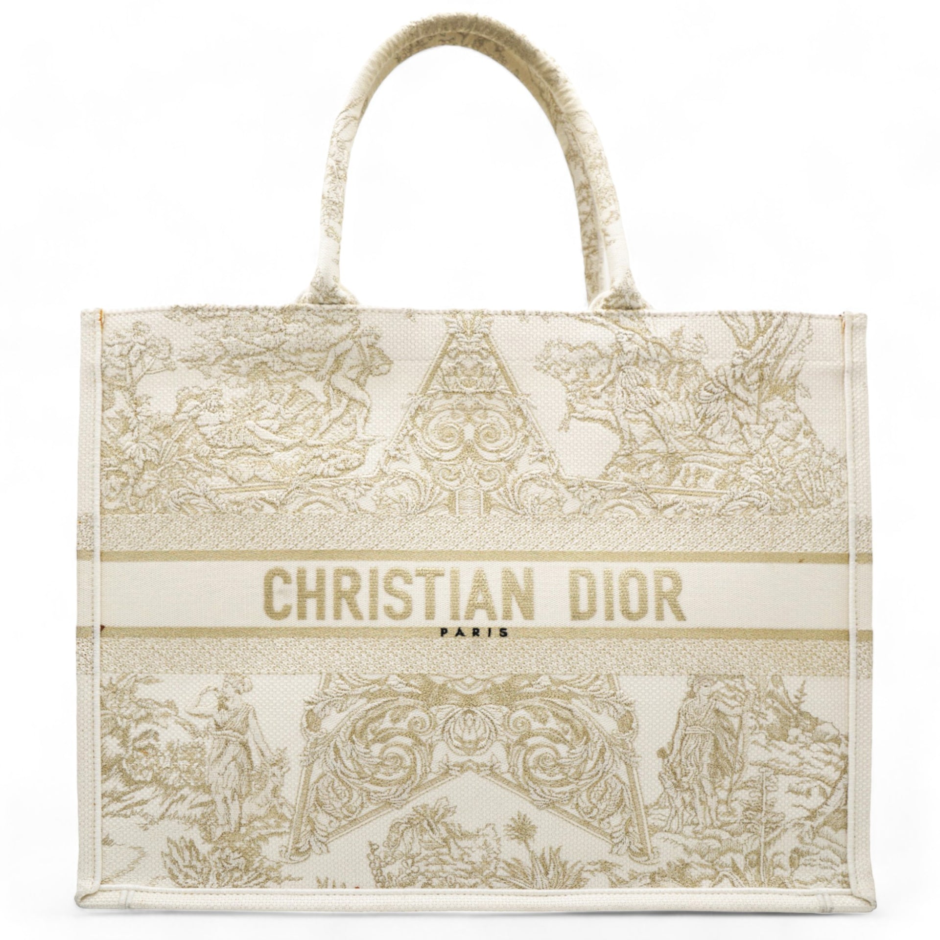 CHRISTIAN DIOR Canvas Embroidered Large Around The World Book Tote Gold STYLISHTOP