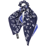 Hair Tie With Scarf In Blue Silk Navy Blue