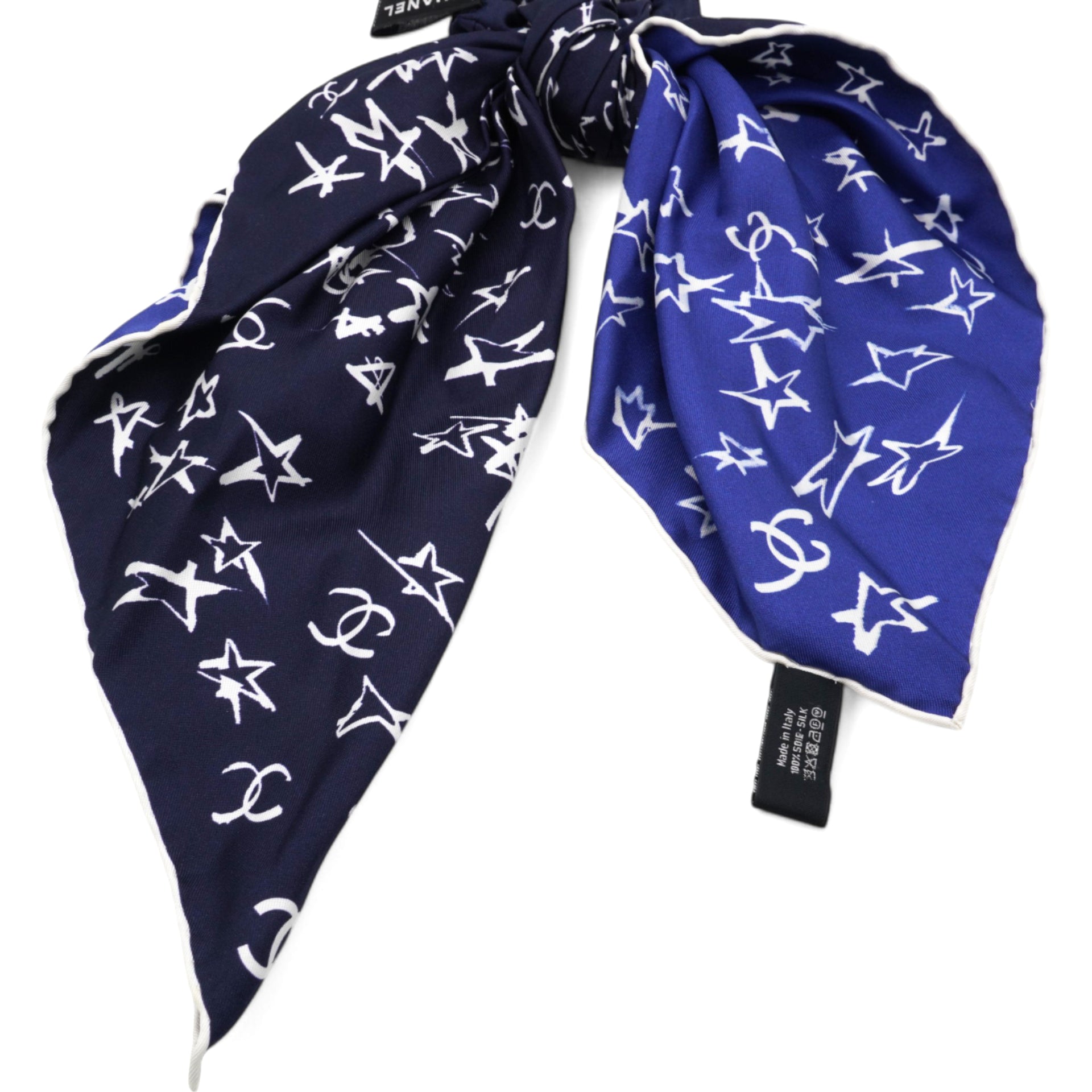 Hair Tie With Scarf In Blue Silk Navy Blue