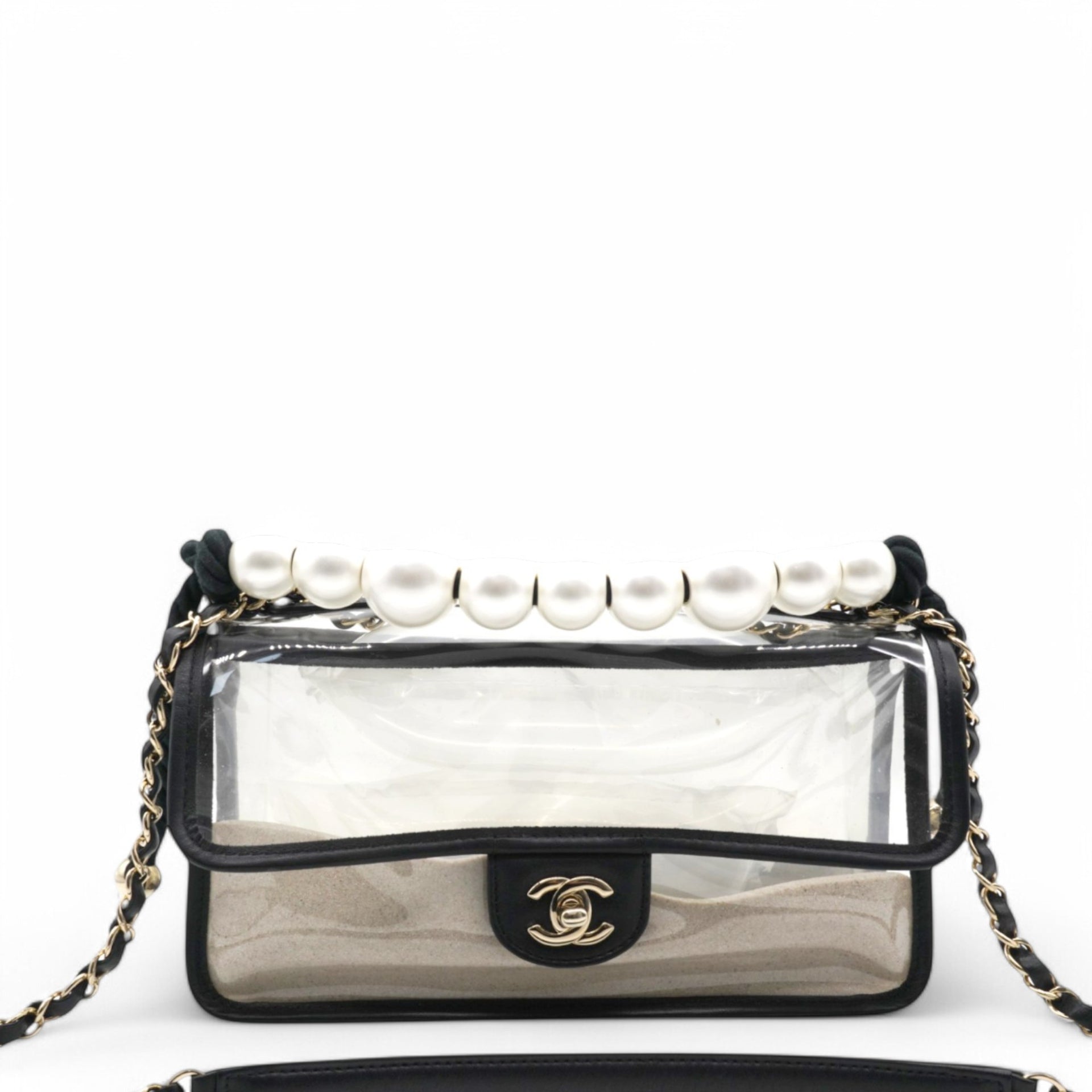 Lambskin PVC Sand By The Sea Flap With Pearl Strap Black