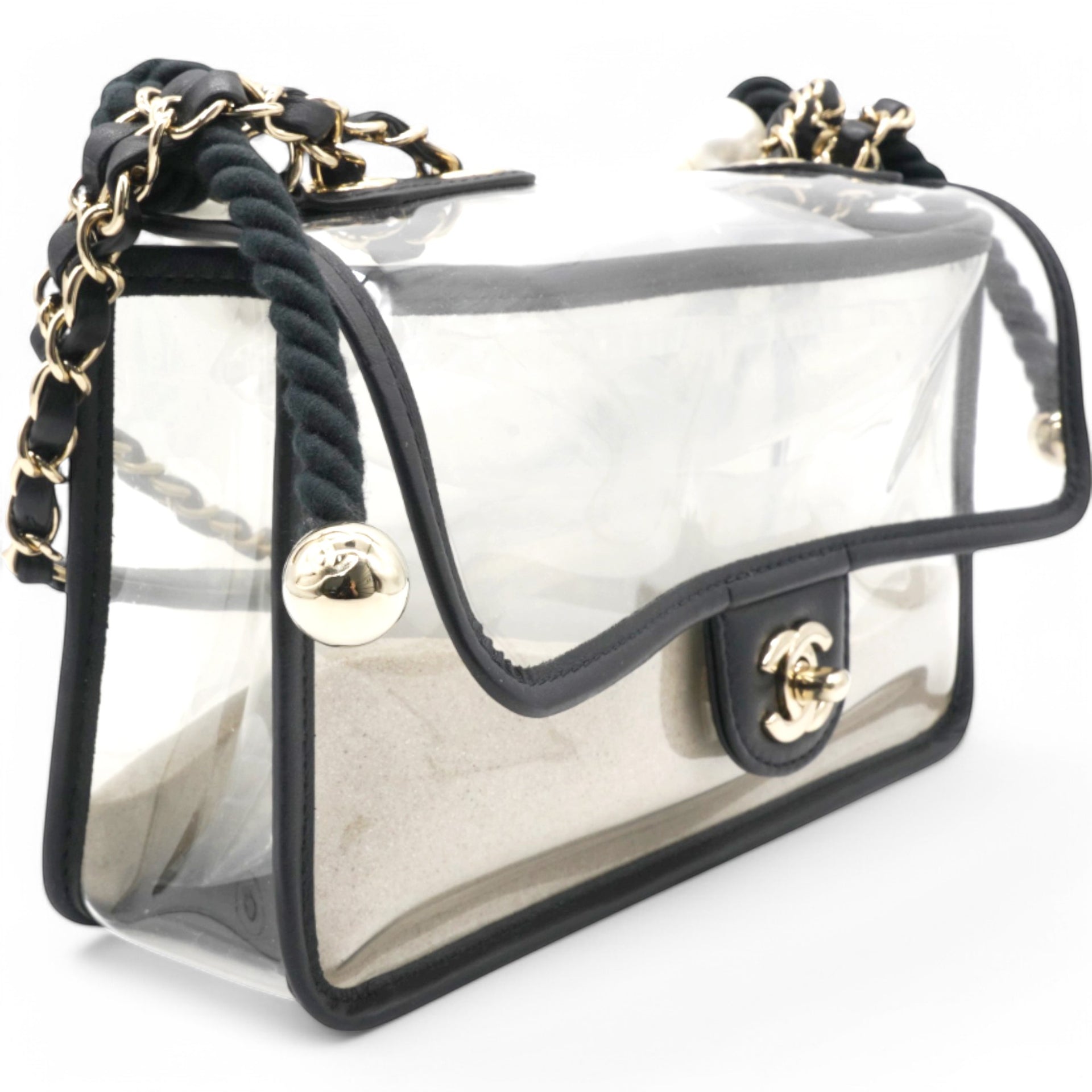 Lambskin PVC Sand By The Sea Flap With Pearl Strap Black