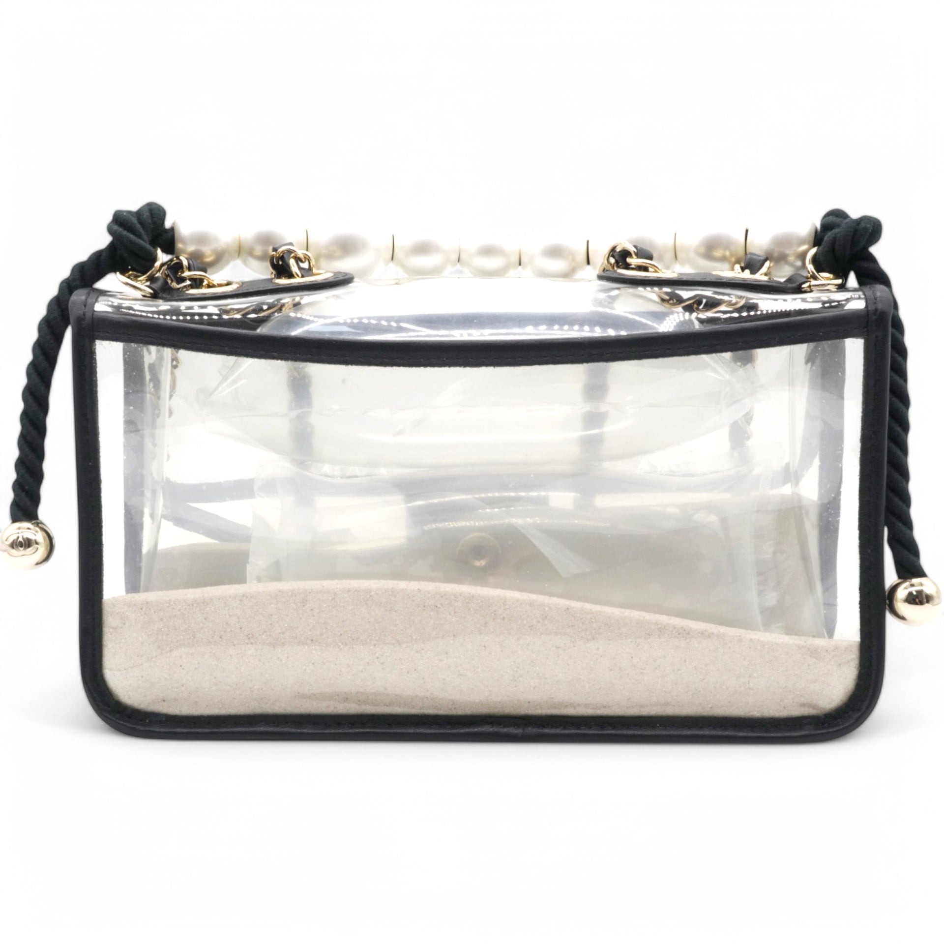 Lambskin PVC Sand By The Sea Flap With Pearl Strap Black