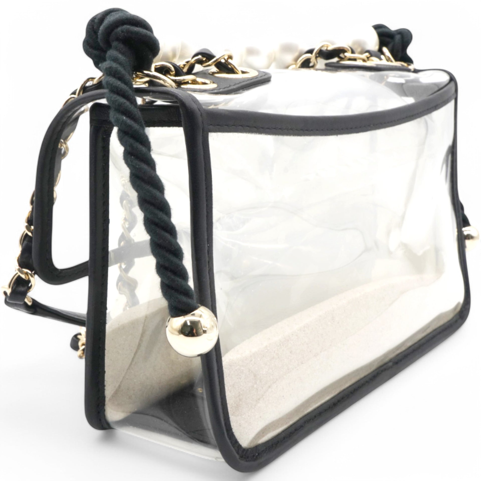 Lambskin PVC Sand By The Sea Flap With Pearl Strap Black