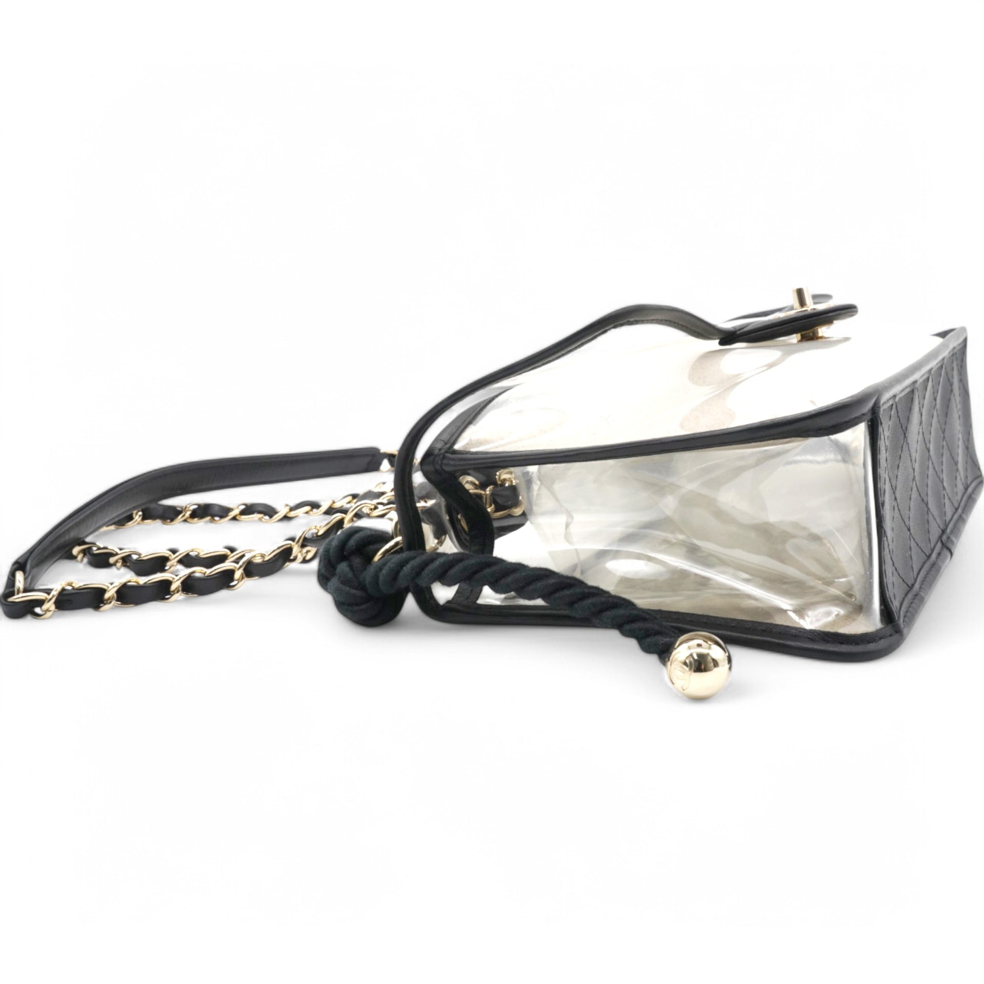 Lambskin PVC Sand By The Sea Flap With Pearl Strap Black