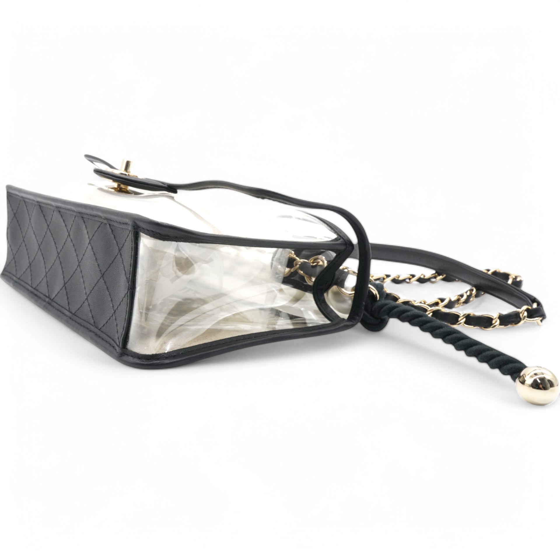 Lambskin PVC Sand By The Sea Flap With Pearl Strap Black