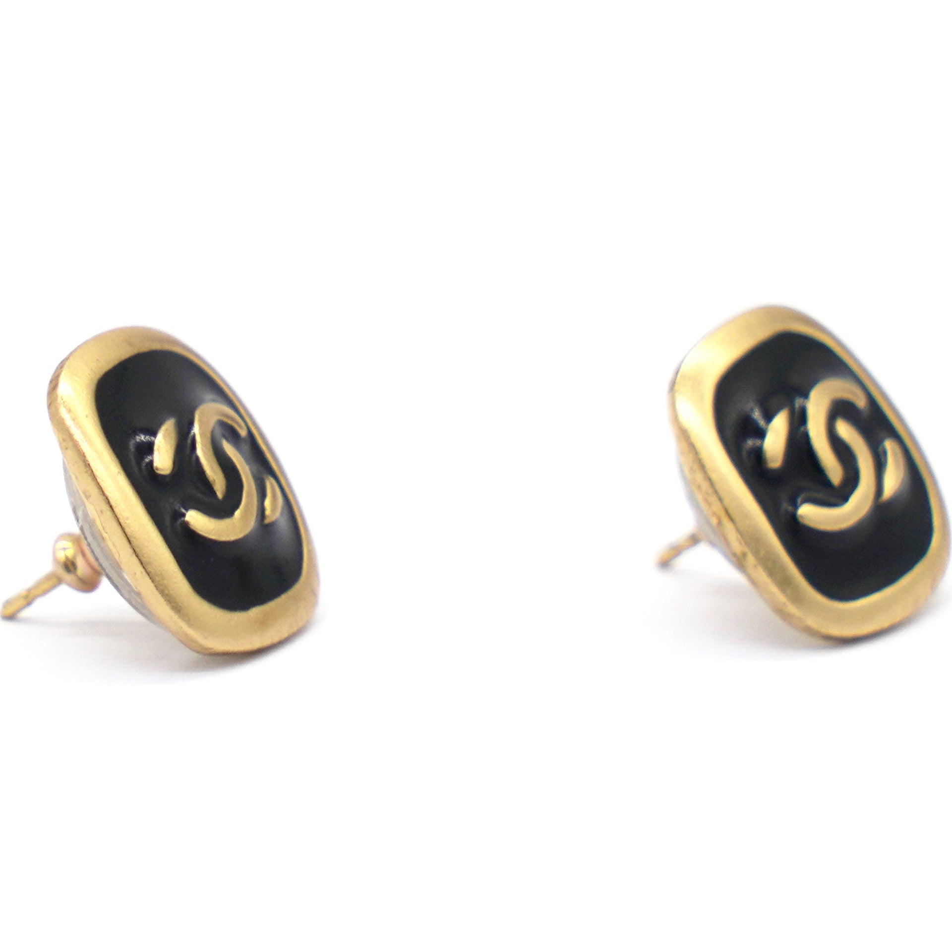 Vintage CC Gold Logo Black Enamel Square Earrings