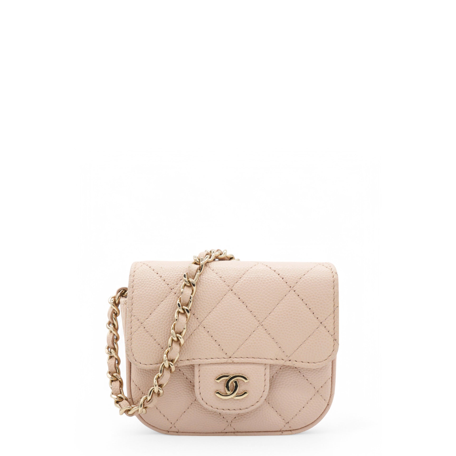 Caviar Quilted Micro Clutch With Chain Light Beige