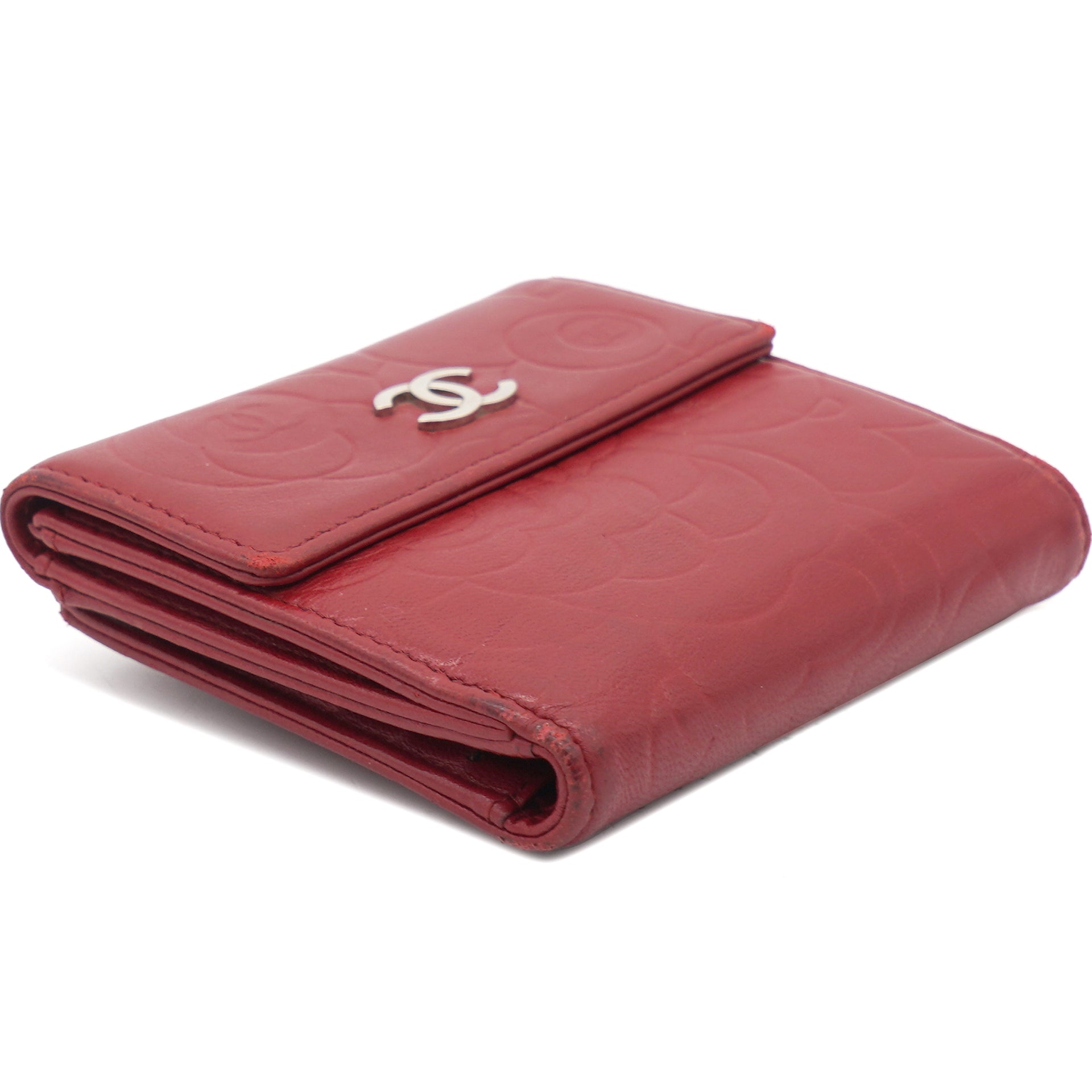 Lambskin Camellia Embossed Medium Wallet Red