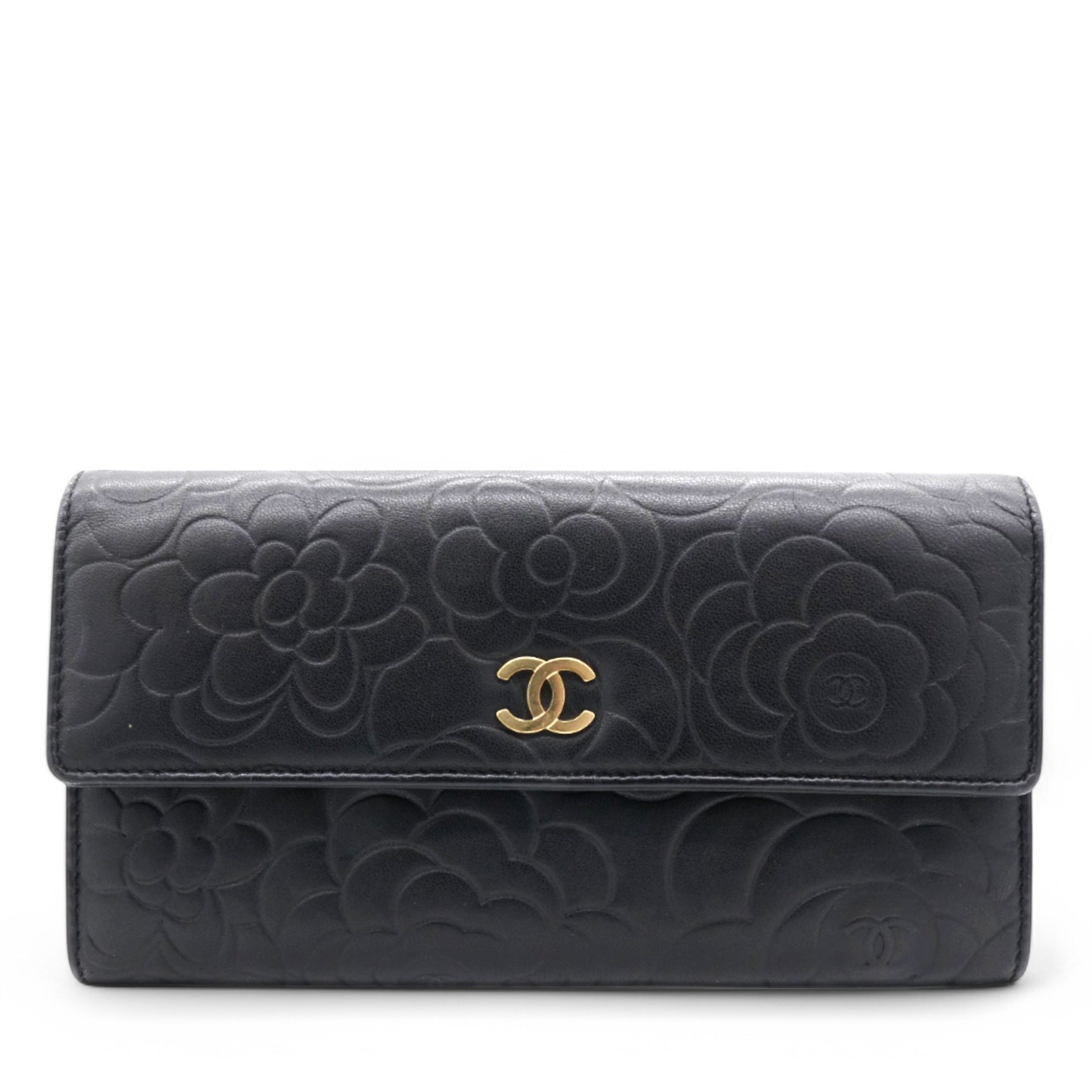 Caviar Camellia Embossed Flap Wallet Black