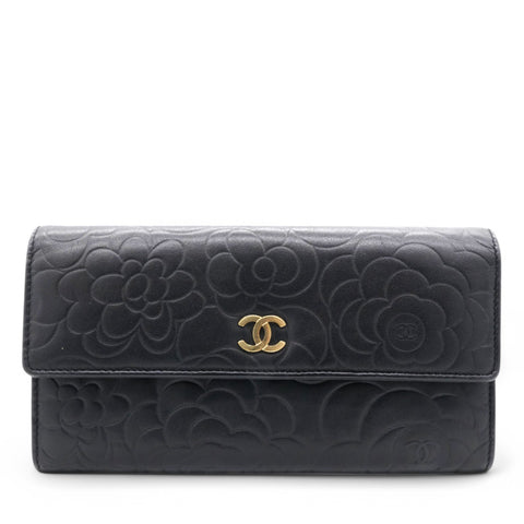 Caviar Camellia Embossed Flap Wallet Black