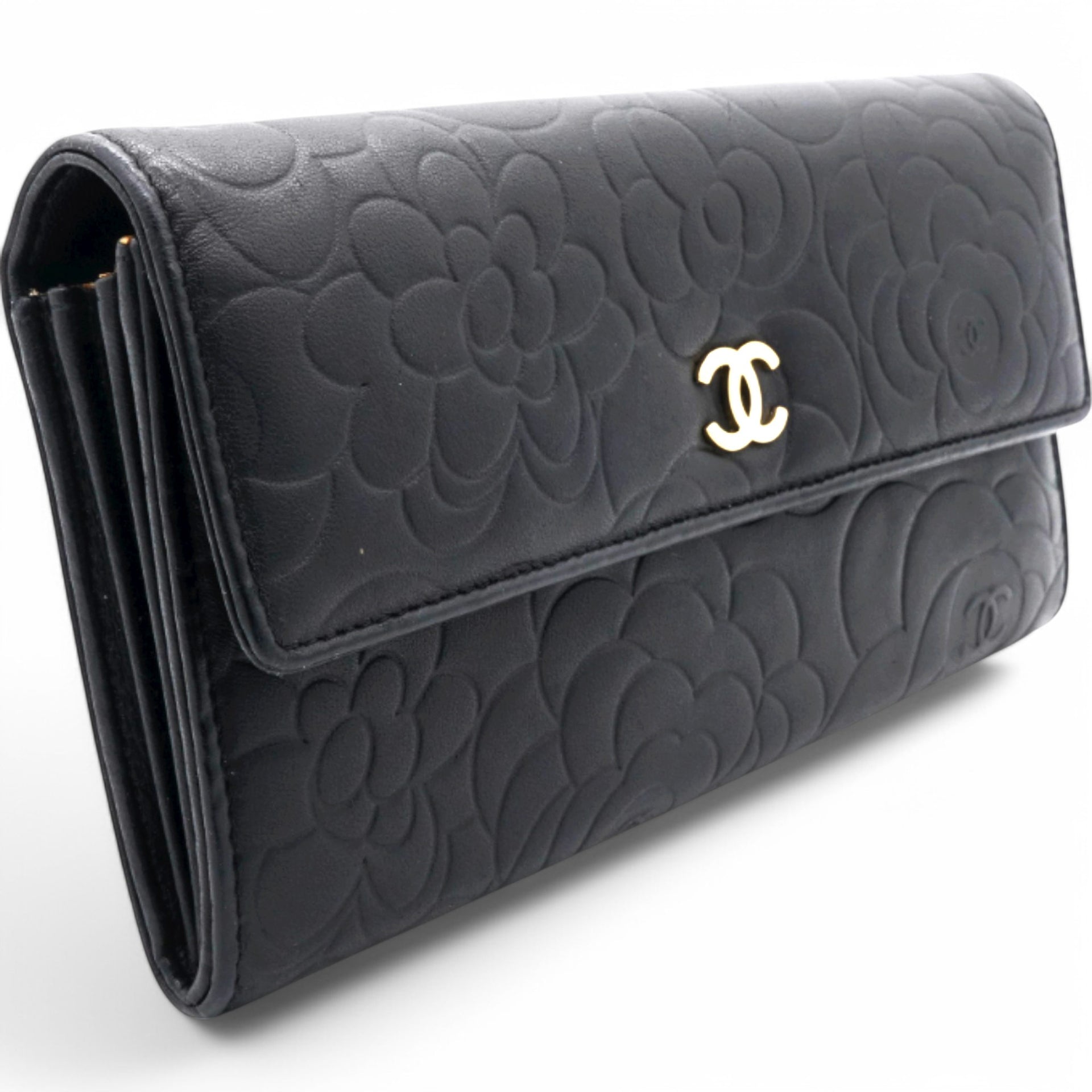 Caviar Camellia Embossed Flap Wallet Black