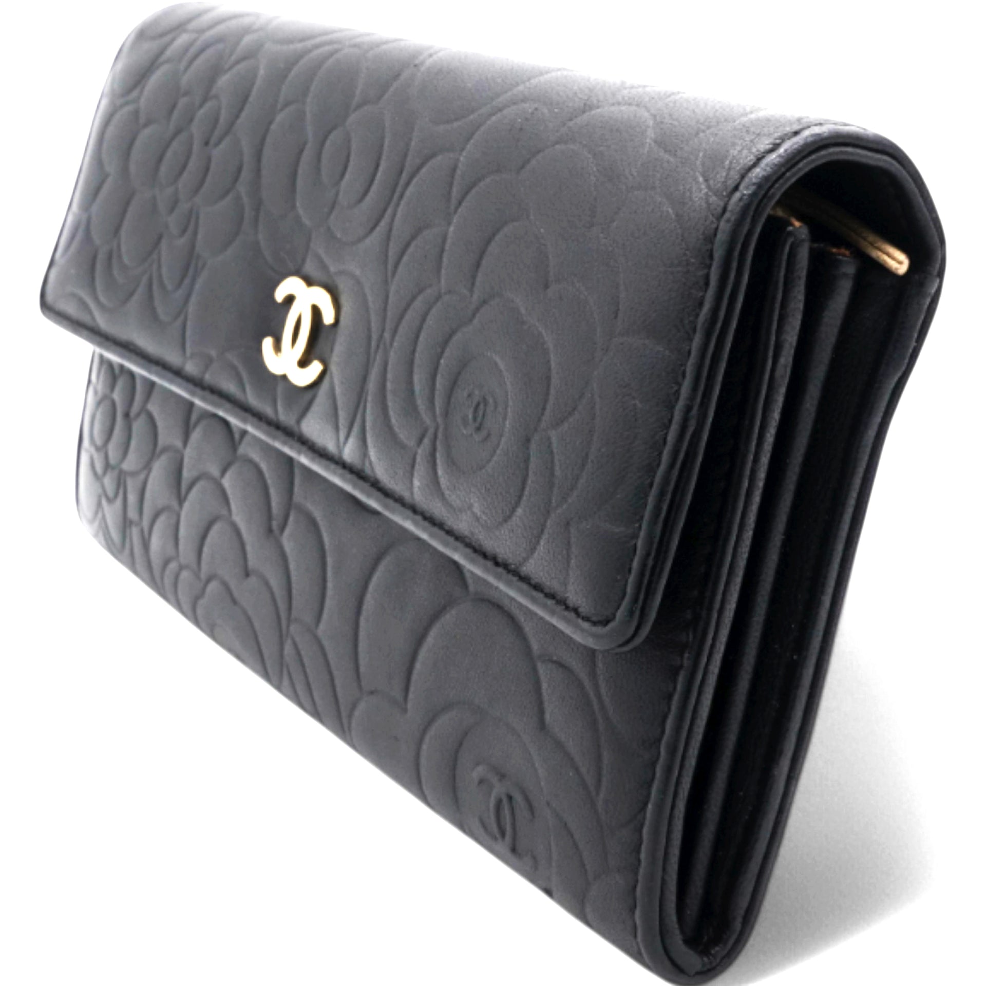 Caviar Camellia Embossed Flap Wallet Black