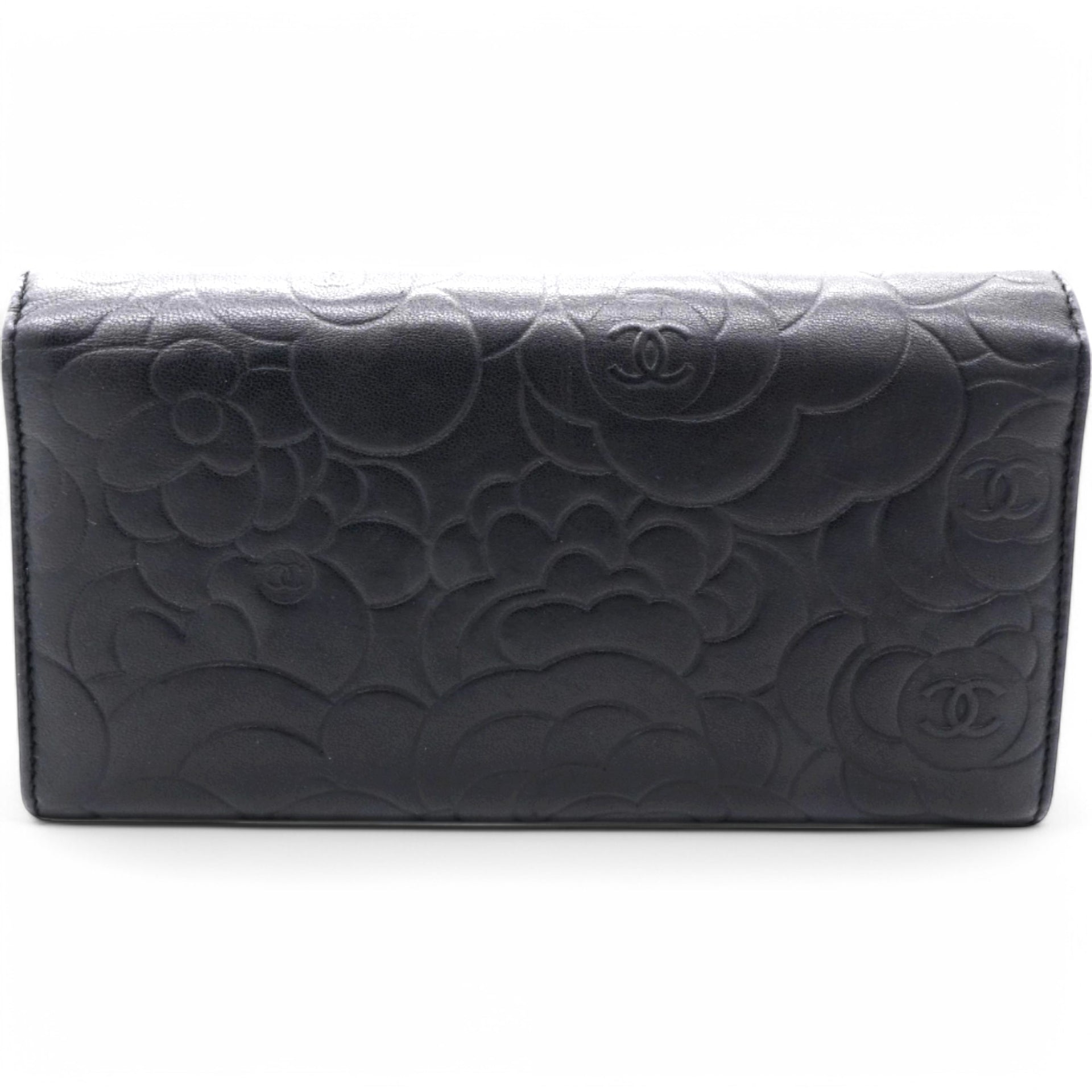 Caviar Camellia Embossed Flap Wallet Black