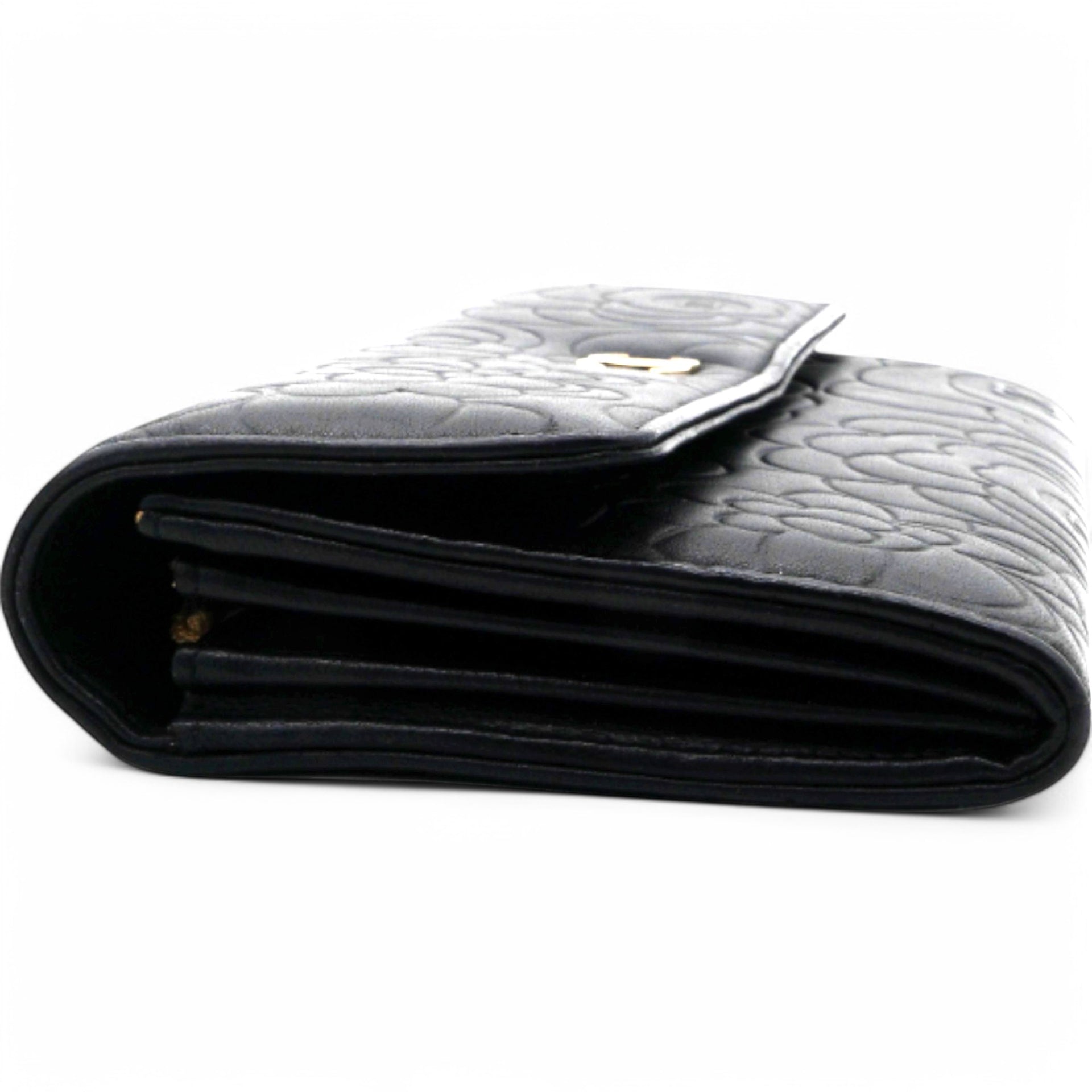 Caviar Camellia Embossed Flap Wallet Black