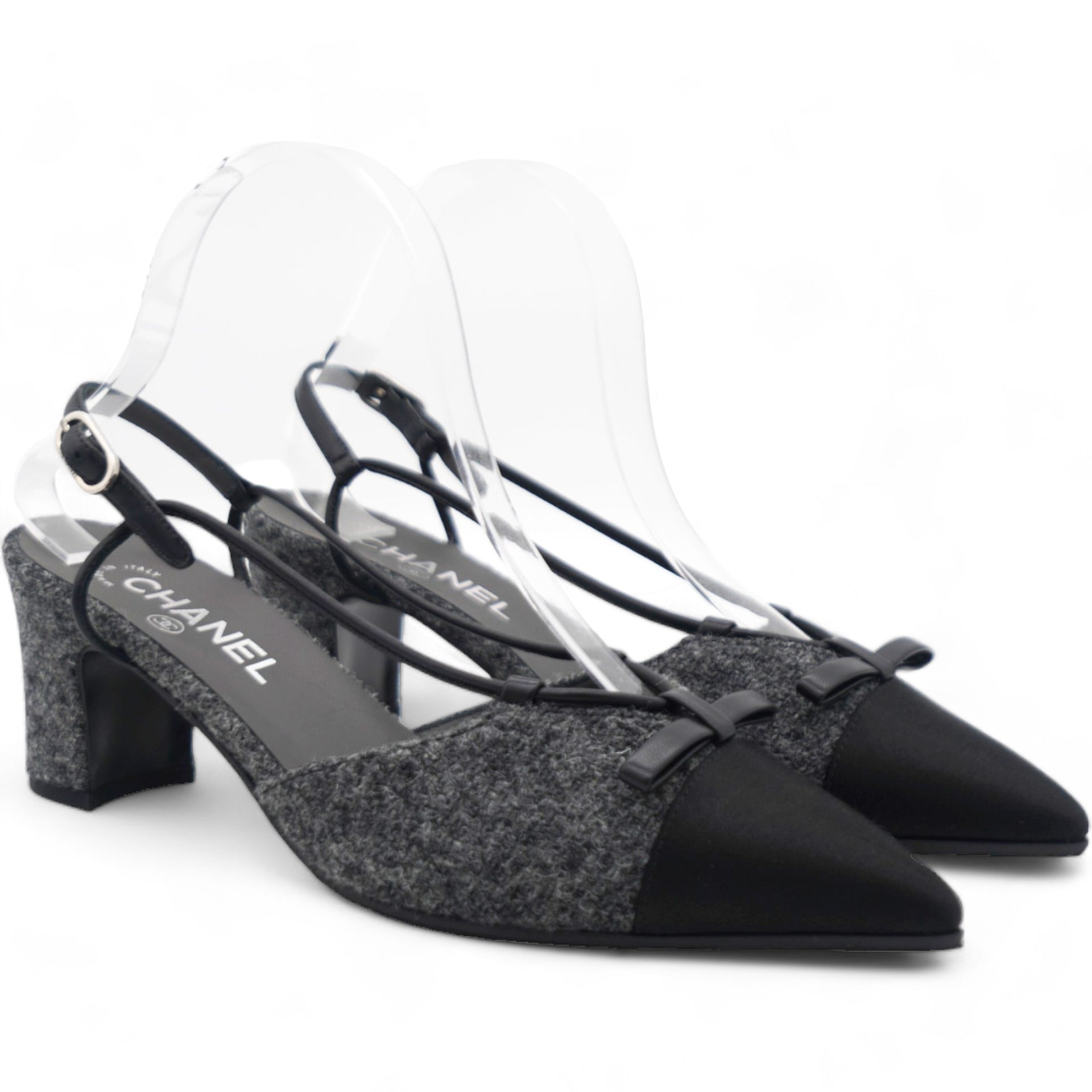 Tweed Satin Cap Toe CC Slingback Pumps Black Grey 38.5