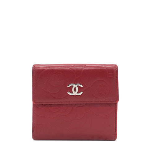 Lambskin Camellia Embossed Medium Wallet Red