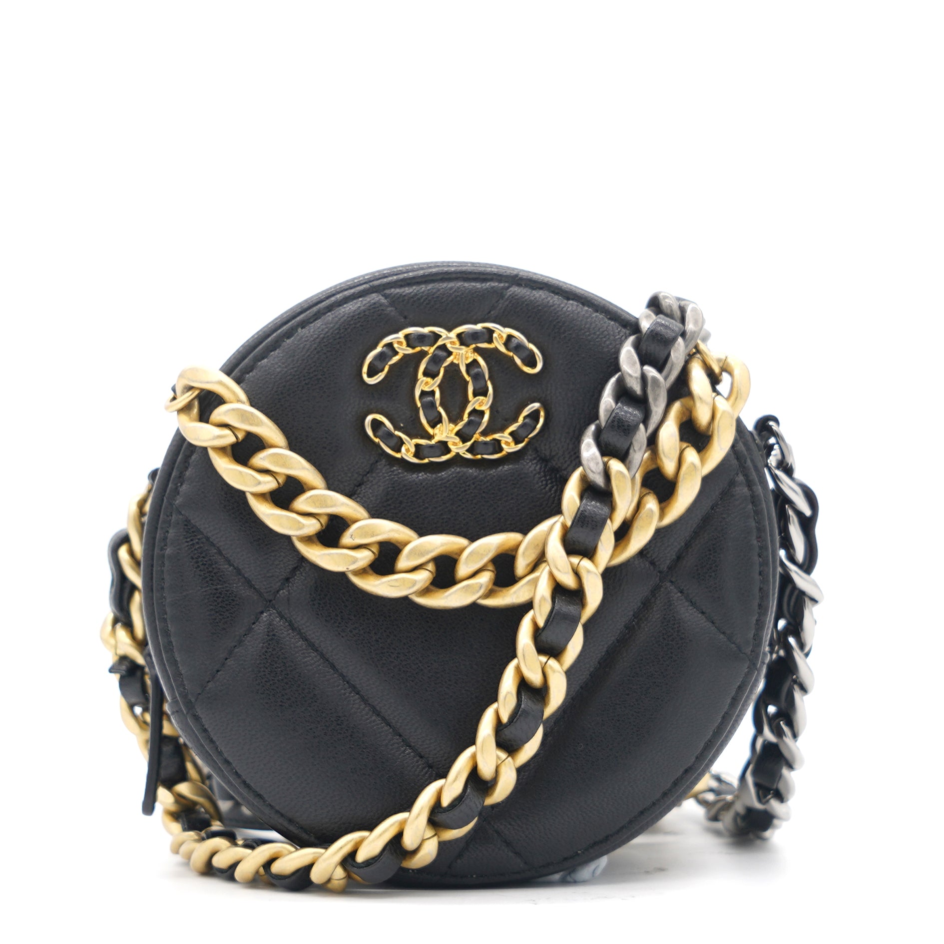 CHANEL Lambskin Quilted Chanel 19 Round Clutch With Chain Black