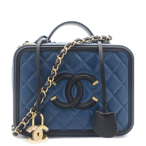 Navy/Black Quilted Caviar Leather Medium CC Filigree Vanity Case Bag