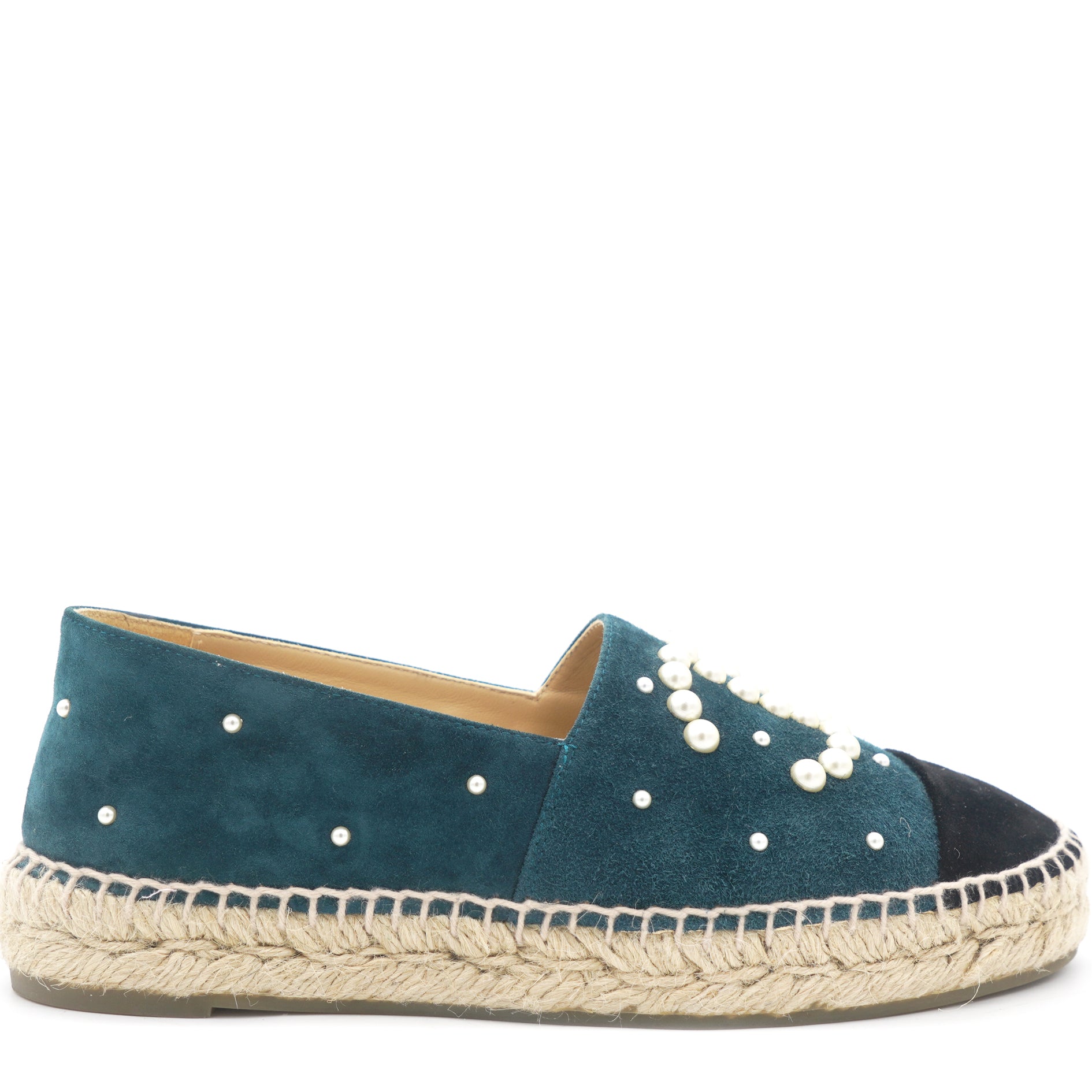 Chanel Suede Pearl CC Espadrilles 37 Teal STYLISHTOP