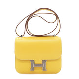 HERMES Tadelakt Leather / Lizard Leather Mini Constance Silver Buckle  Shoulder Bag Straw Yellow