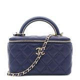 Lambskin Quilted Small Top Handle Vanity Case With Chain Navy