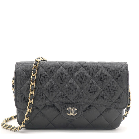 Quilted Black Caviar Wallet Phone Holder Chain Bag