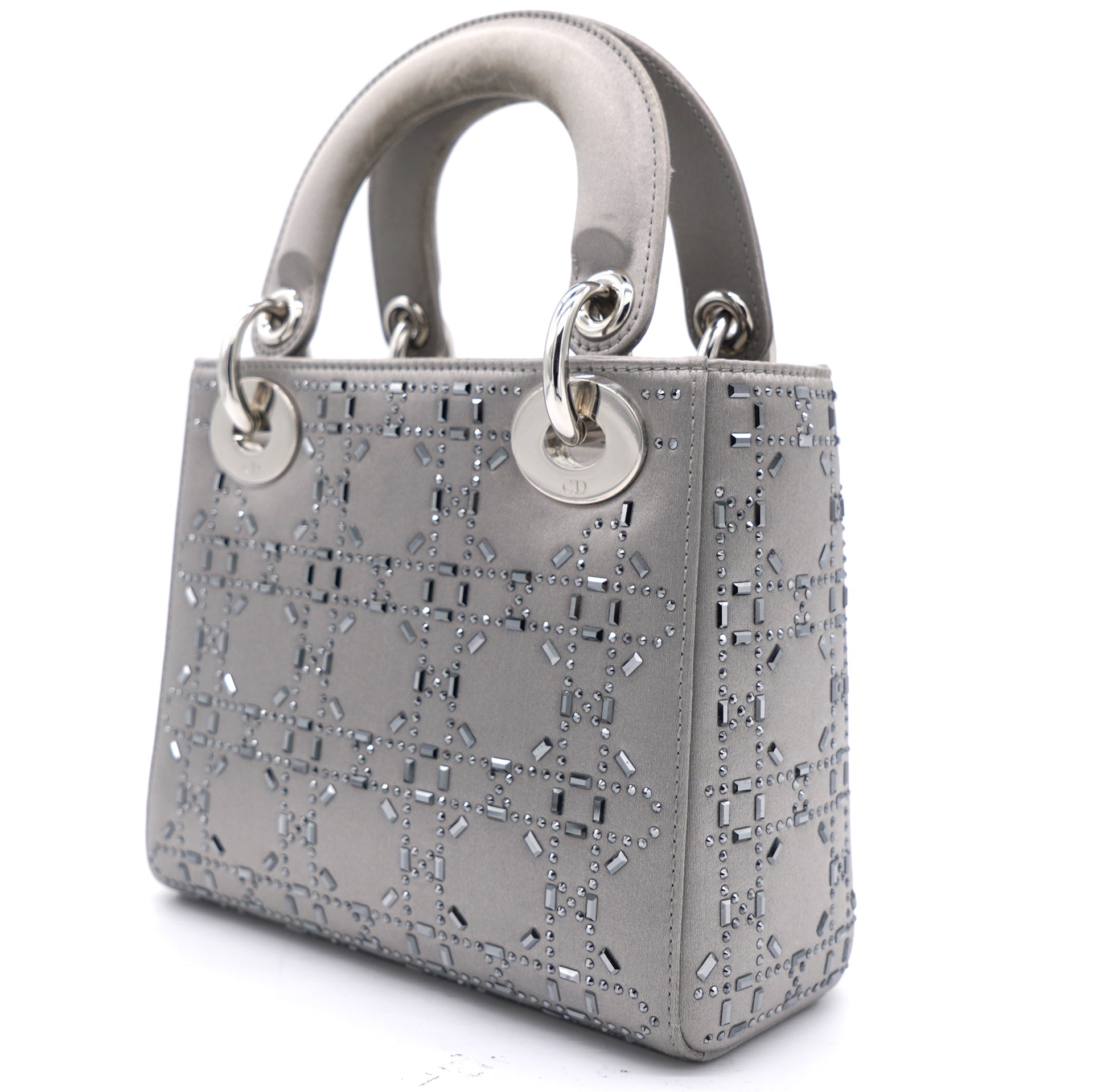 Satin Crystal Cannage Mini Lady Dior Grey