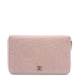 Lambskin Camellia Embossed Large Zip Around Wallet Dust Pink