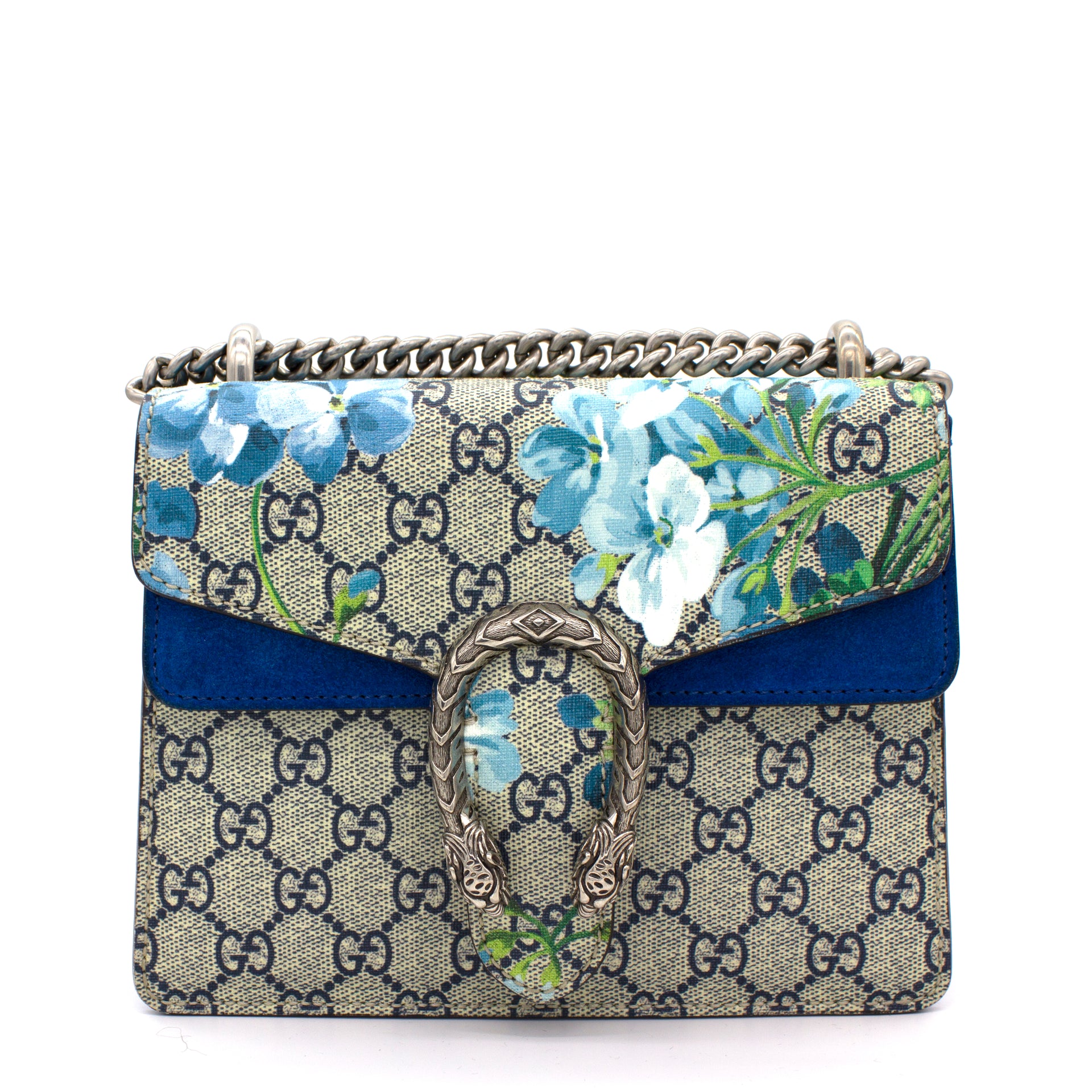Gucci Calfskin Bee Embroidered Medium Dionysus Shoulder Bag White Blue Hibiscus Red