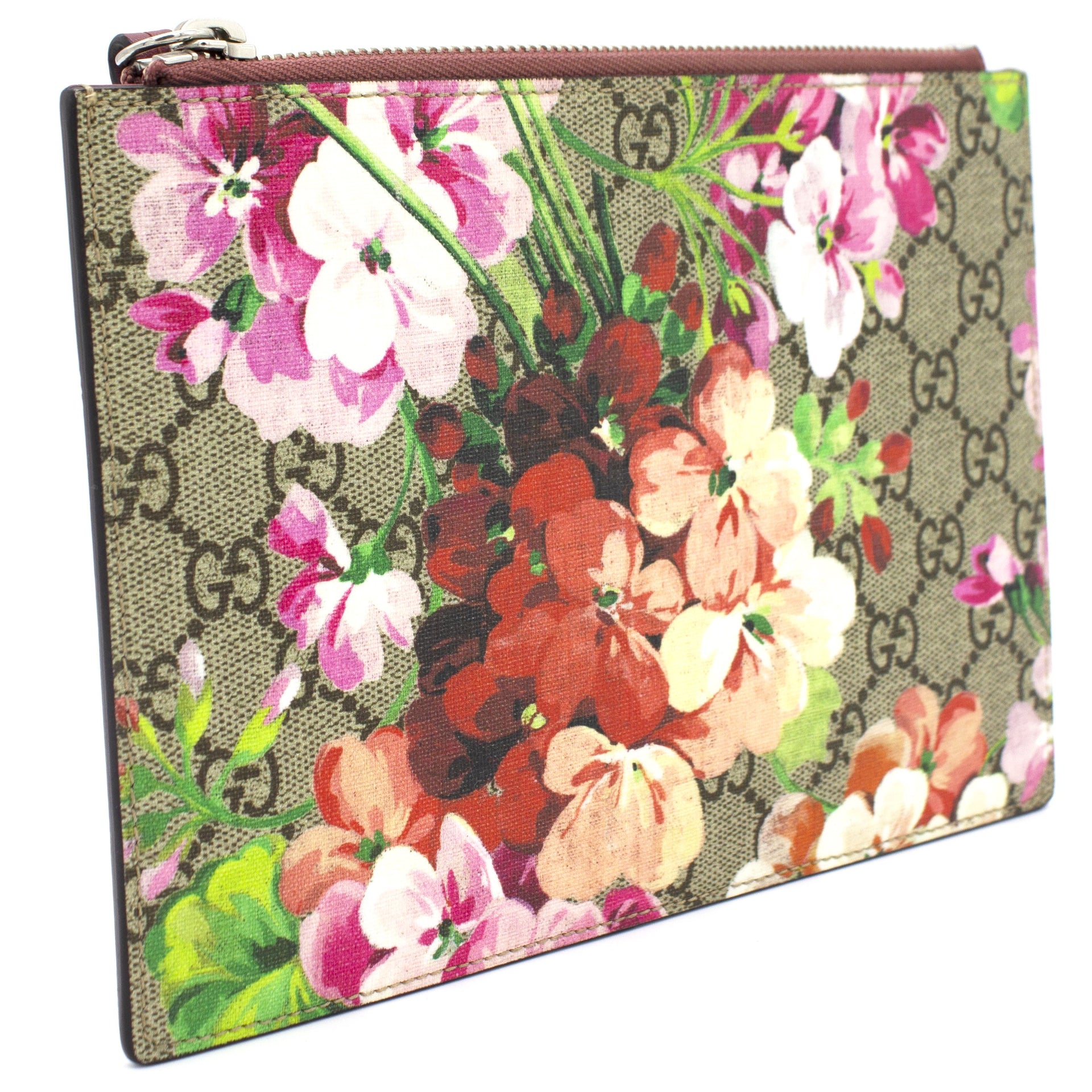 NEW GUCCI GG Blooms Pouch Pink Monogram Coated Canvas Clutch 410079