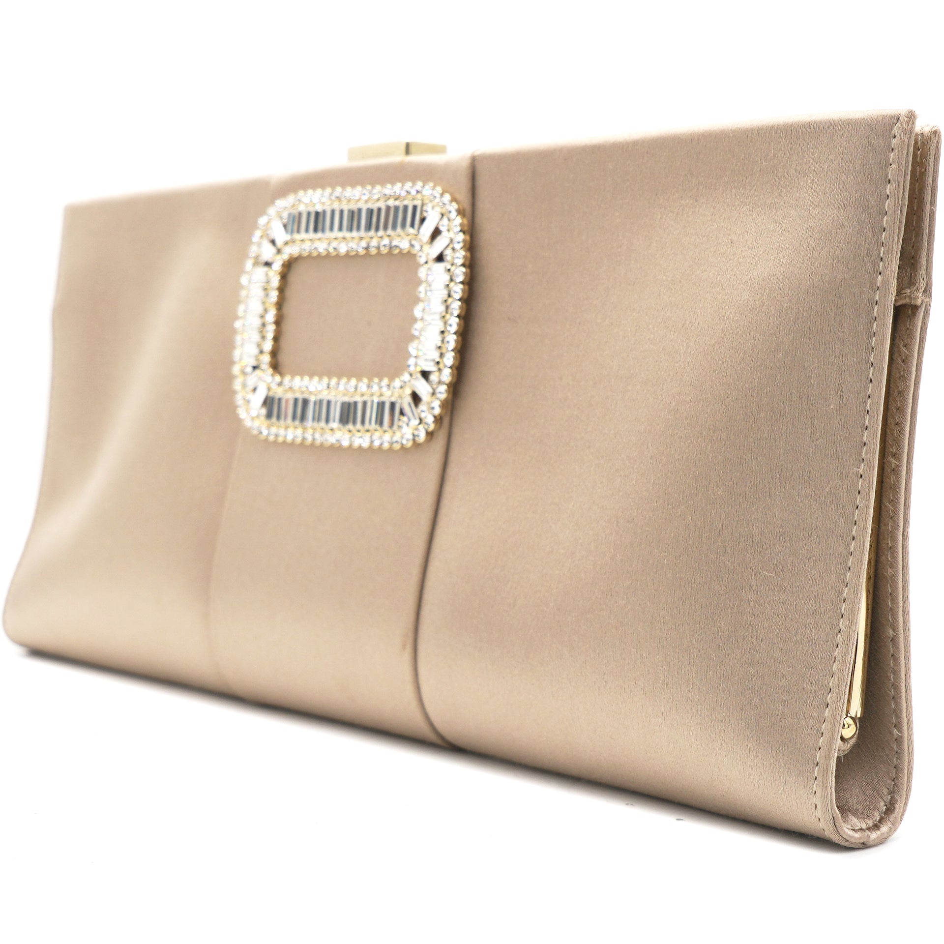 Nude Crystal Embellished Satin Pilgrim Clutch