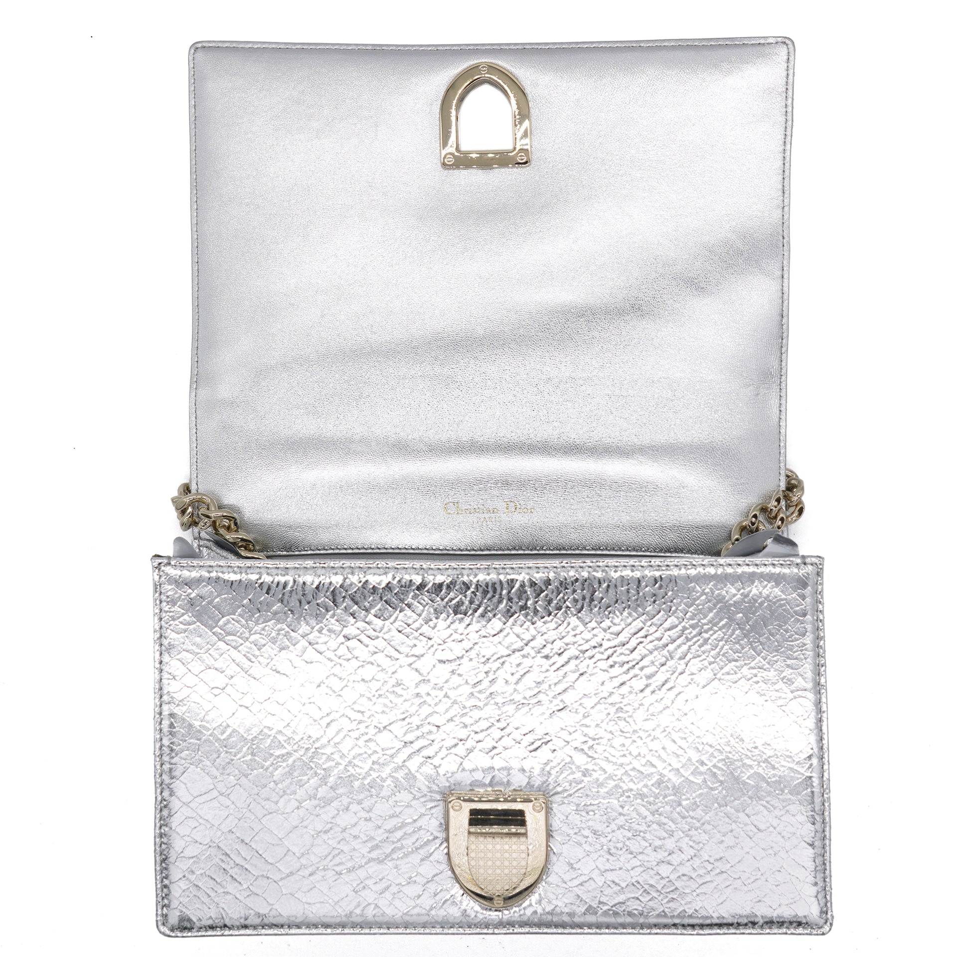 Metallic Silver Crinkled Calfskin Medium Diorama Flap Bag Silver