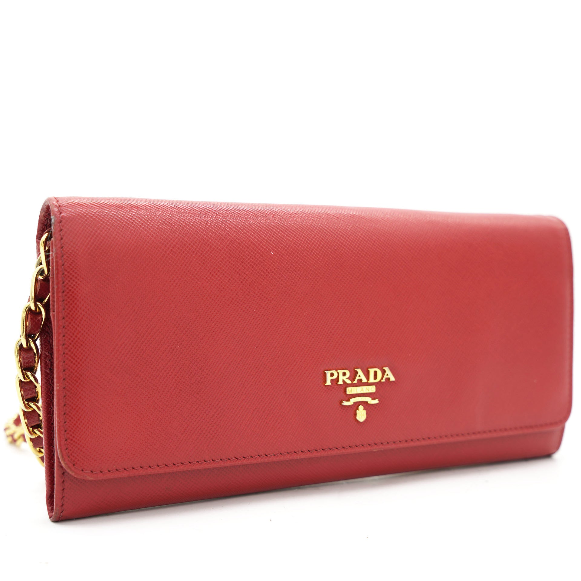 Prada Red Saffiano Lux Leather Logo Plaque Wallet On Chain – STYLISHTOP