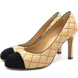 Lambskin Suede Quilted Cap Toe Pumps 37 Beige Black