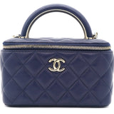 Lambskin Quilted Small Top Handle Vanity Case With Chain Navy