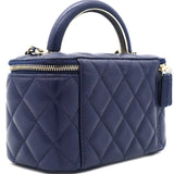 Lambskin Quilted Small Top Handle Vanity Case With Chain Navy